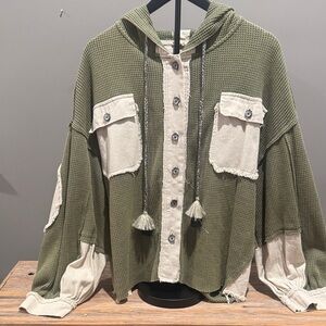 POL Olive and Cream Button-Up Hoodie